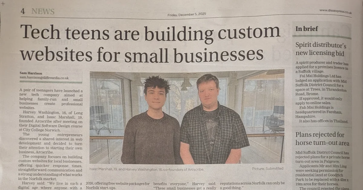 Arcscribe Featured in Diss Express: "Tech Teens Building Custom Websites"